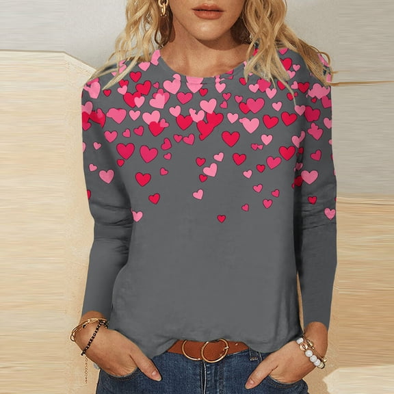 VgaVtl T Shirts for Women 3/4 Sleeve Valentines Ladies Plus Size Tops Casual Gray Loose Basic Holiday Heart Graphic Tops