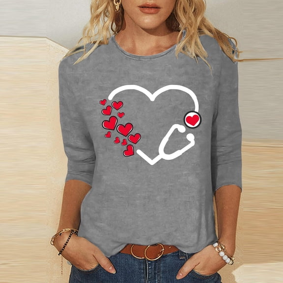 VgaVtl T Shirts for Women Graphic 3/4 Sleeve Valentines Womans Tops Gray Tunic Loose Vacation Crew Neck Leisure Tops
