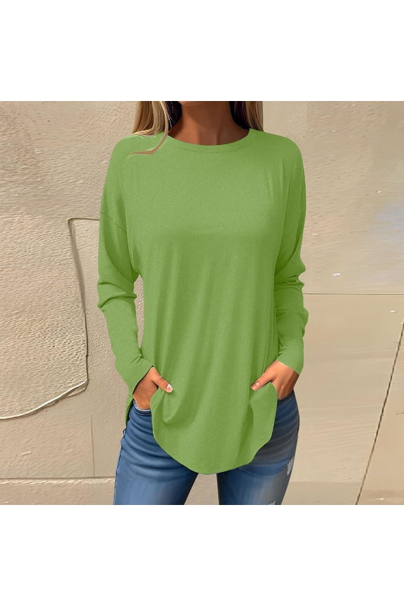 T Shirts for Women Plus Size Long Sleeve Basic Women's Shirts Soft Everyday Plain Leisure Relaxed Fit Green Tops