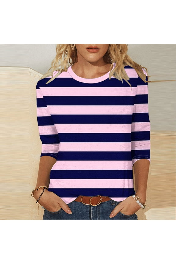 T Shirts for Women Plus Size Summer 3/4 Sleeve Tops for Juniors Loose Bottoming Color Block Casual Workout Shirts,Purple XL