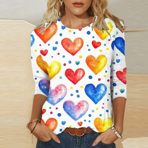 VgaVtl T Shirts for Women Plus Size Valentines Day 3/4 Sleeve Shirts for Women Vacation Casual Loose Heart Print Pullover Tops