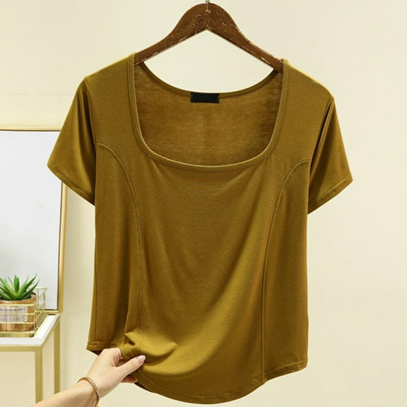 VgaVtl T Shirts for Women Square Neckline Cotton Short Sleeve Womens Tops Plus Size Loose Yoga Single Vacation Shirts,Yellow M