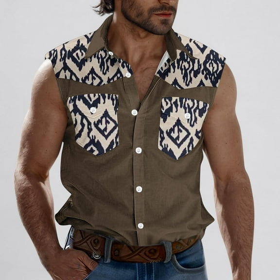 VgaVtl Tank Tops for Men Plus Size Sleeveless Lapel Mens Shirts Graphic Loose Cardigan Casual Pocket Shirts,Brown M