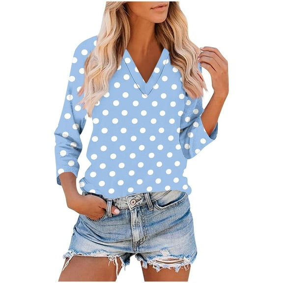VgaVtl Tee Shirts for Women 3/4 Sleeve V-Neck Ladies Tops Dressy Classic Fit Polka Dots Soft Leisure Daytime Shirts,Blue M