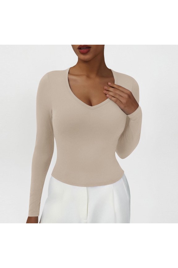 Tee Shirts for Women Plus Size Long Sleeve Fall Winter Tops for Women Workout Layering Casual Skinny Plain Beige Shirts,M