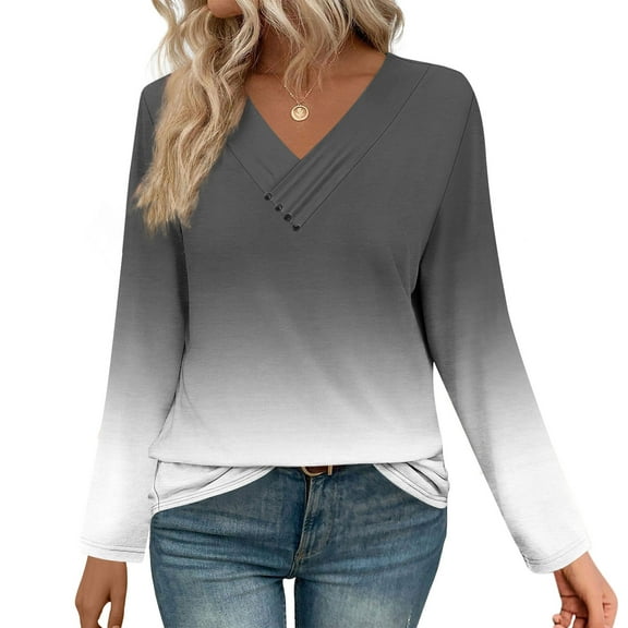VgaVtl Tee Shirts for Women Plus Size Long Sleeve V-Neck Tops Women Casual Black Button Workout Loose Gradient Color Shirts,XXL