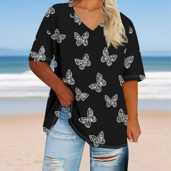 VgaVtl Tee Shirts for Women Plus Size V-Neck Short Sleeve Plus Size Tops for Women Butterfly Print Retro Layering Tops,Black 4XL