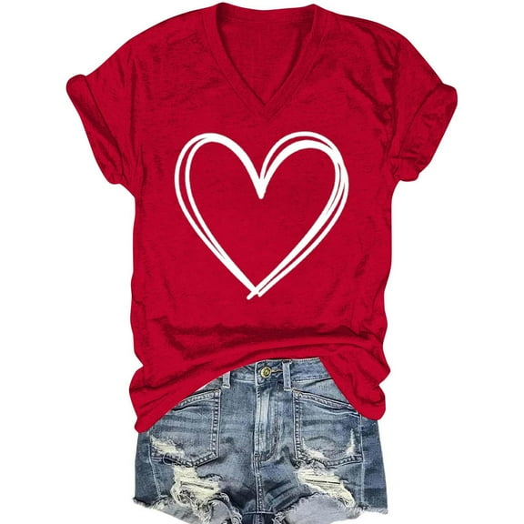 VgaVtl Tee Shirts for Women Plus Size V-Neck Short Sleeve Women's Tops Camping Bottoming Romantic Heart-shaped Casual Tops,Red XL