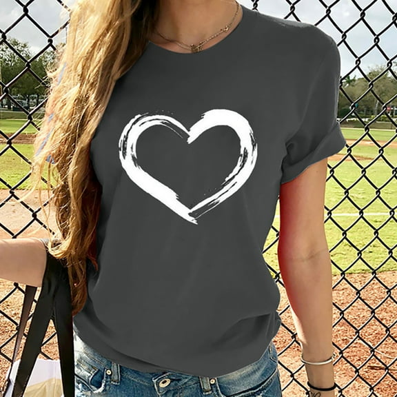 Odbmxy Tops for Women Under $10 Short Sleeve T Shirt Women Heart Print Breathable Leisure Active Fit Gray Tops