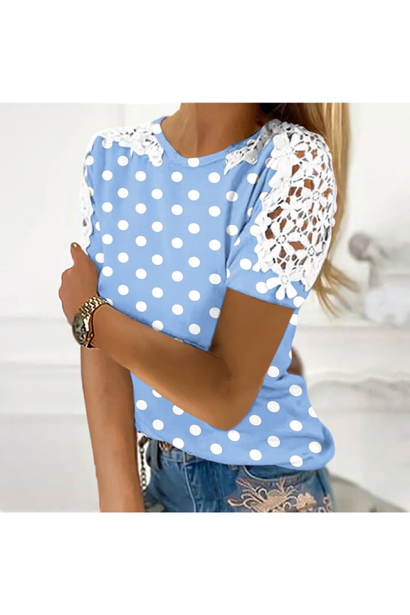 Tshirts Shirts for Women Summer Short Sleeve Women Tops Loose Polka Dots Ruffles Holiday Casual Elegant Shirts,Blue M