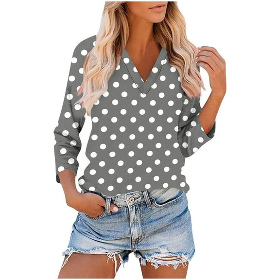 VgaVtl Tshirts Shirts for Women V-Neck 3/4 Sleeve Womens Tops Plus Size Polka Dots Daytime Leisure Classic Fit Soft Shirts,Gray M