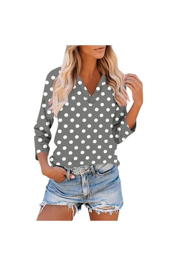 Tshirts Shirts for Women V-Neck 3/4 Sleeve Womens Tops Plus Size Polka Dots Daytime Leisure Classic Fit Soft Shirts,Gray M
