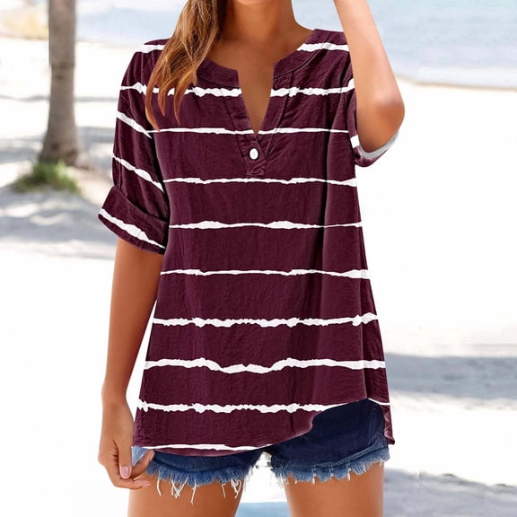 VgaVtl Tshirts Shirts for Women V-Neck Short Sleeve Womens Top Striped Casual Camping Classy Oversized Button Shirts,Red L