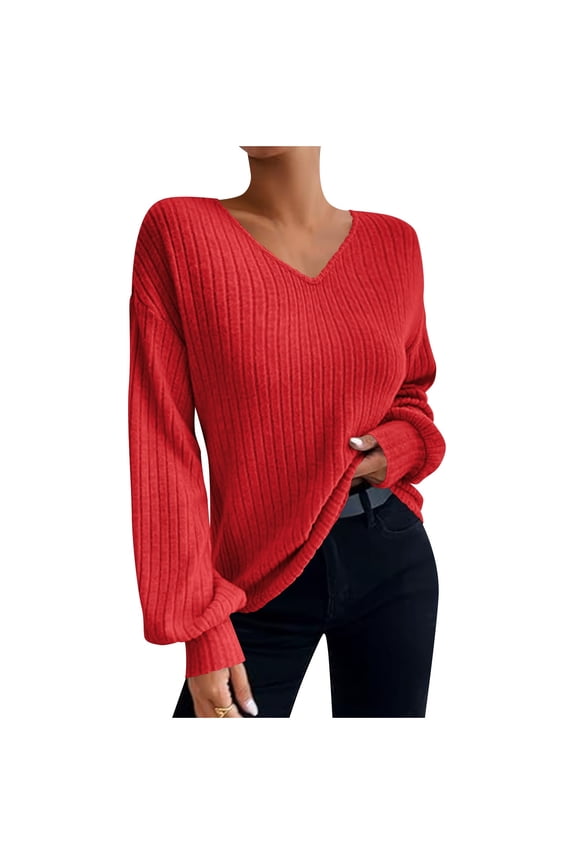 Tunic Women's Shirts Long Sleeve V-Neck Tops for Women Blouses Red Casual Loose Solid Color Shirts,S