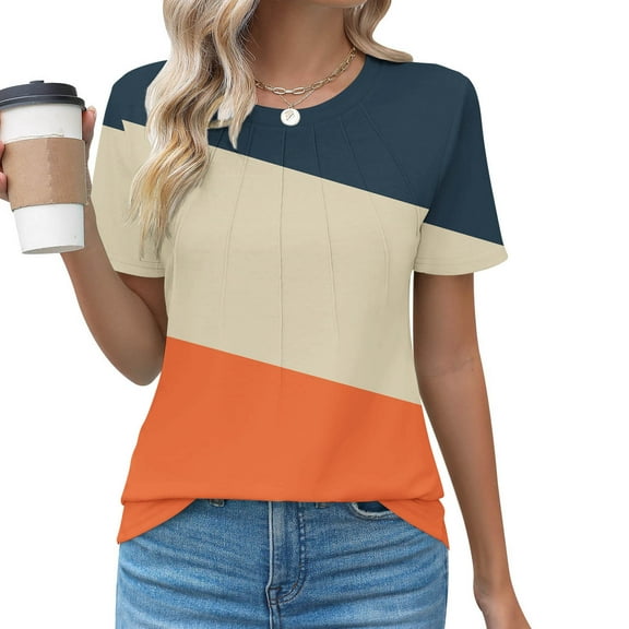 VgaVtl Tunic Womens Plus Tees Short Sleeve Womens Tops Color Block Relaxed Fit Camping Elegant Leisure Shirts,Orange M