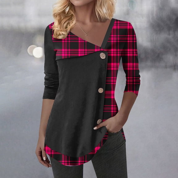 VgaVtl Tunic Womens Shirts Plus Size Long Sleeve V-Neck Ladies Tops Casual Button Red Plaid Slim Shirts,XXL