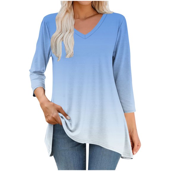VgaVtl Tunic Womens T Shirts V-Neck 3/4 Sleeve Plus Size Womens Tops Gradient Color Casual Blue Loose Basic Shirts,M