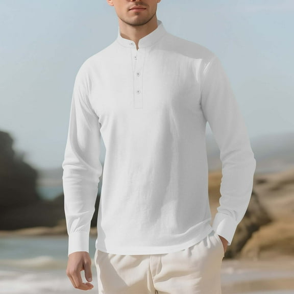 VgaVtl Turtleneck Men Long Sleeve Shirt Fall Winter Mens Tops Loose Layering Casual Solid Color Holiday Button White Shirts,S