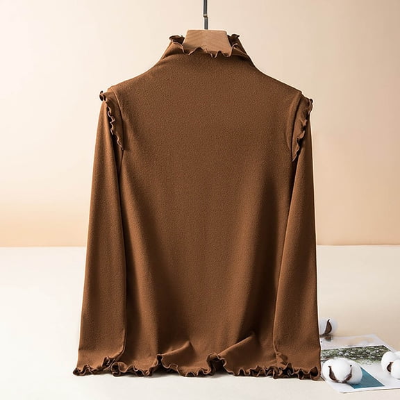 VgaVtl Turtleneck Women Shirts Fall Winter Long Sleeve Womans Tops Layering Brown Casual Soft Slim Solid Color Shirts,XXL