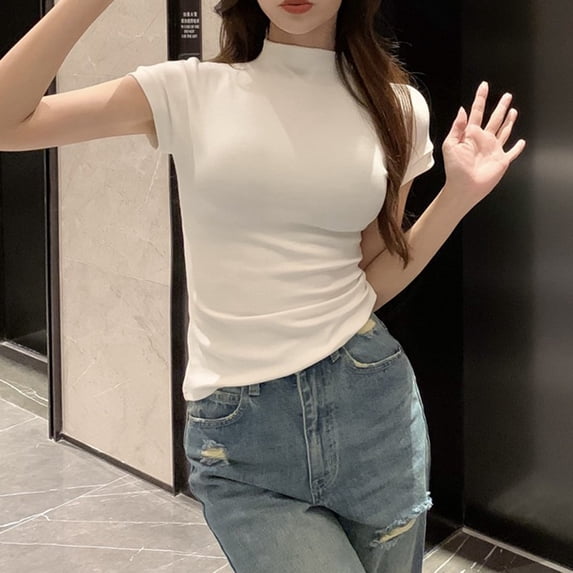 VgaVtl Turtleneck Women's T Shirts Short Sleeve Ladies Tops Basic Tight Plain Workout Leisure Layering Shirts,White L