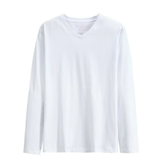 VgaVtl V-Neck Long Sleeve T Shirts for Men Cotton Mens Shirts Layering Casual White Soft Plain Loose Basic Shirts,M