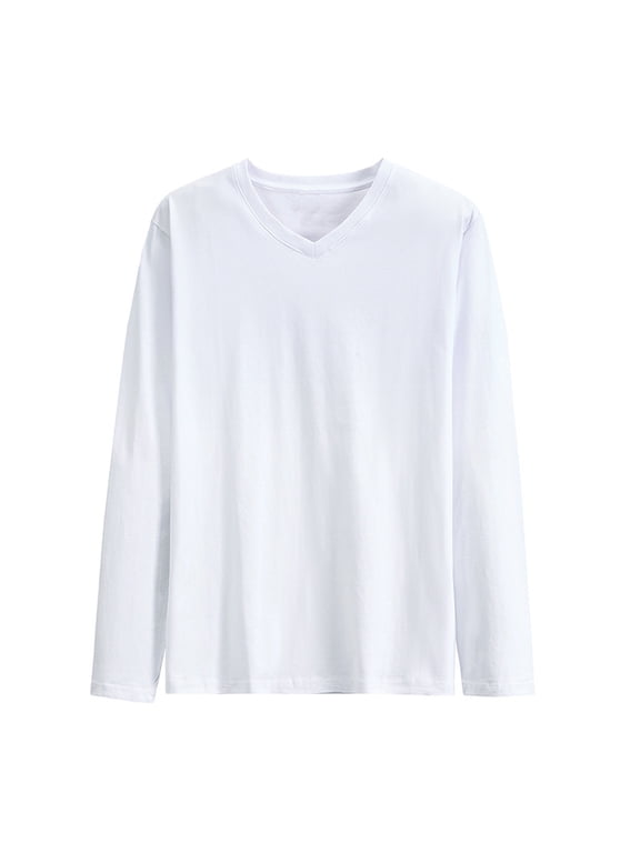 V-Neck Long Sleeve T Shirts for Men Cotton Mens Shirts Layering Casual White Soft Plain Loose Basic Shirts,M