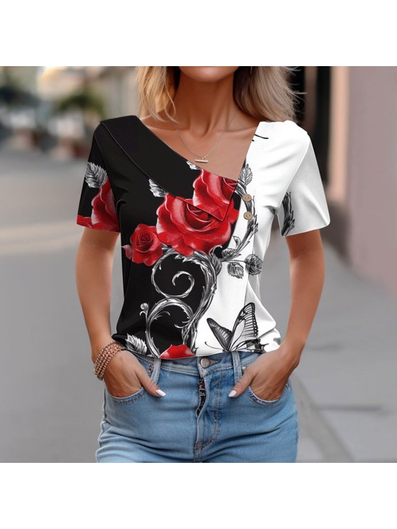 V-Neck Plus Size Shirts for Women Short Sleeve Women's Tops Button Holiday Slim Casual Floral Fancy Tops,Black XL