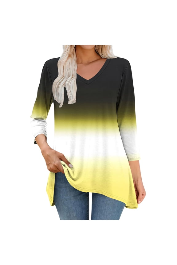 V-Neck T Shirt Women 3/4 Sleeve Tunic Women's Tops Basic Yellow Loose Gradient Color Casual Shirts,XL