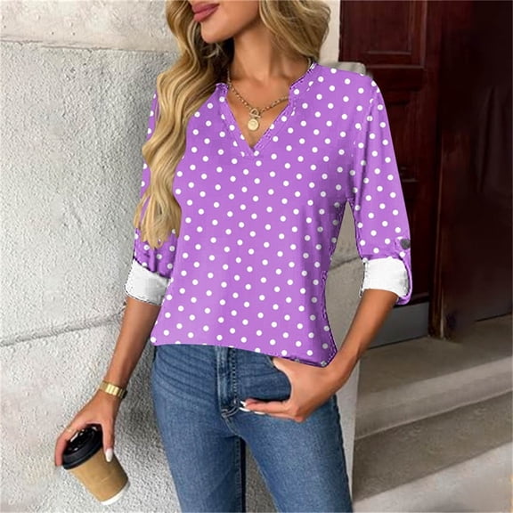 VgaVtl V-Neck T-Shirt Women Tunic Long Sleeve Womens Tops Plus Size Button Casual Loose Purple Polka Dots Shirts,M
