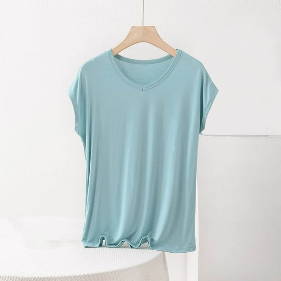 VgaVtl V-Neck T Shirts for Women Trendy Short Sleeve Cotton Juniors Shirts Loose Leisure Workout Basic Solid Color Tops,Green XL