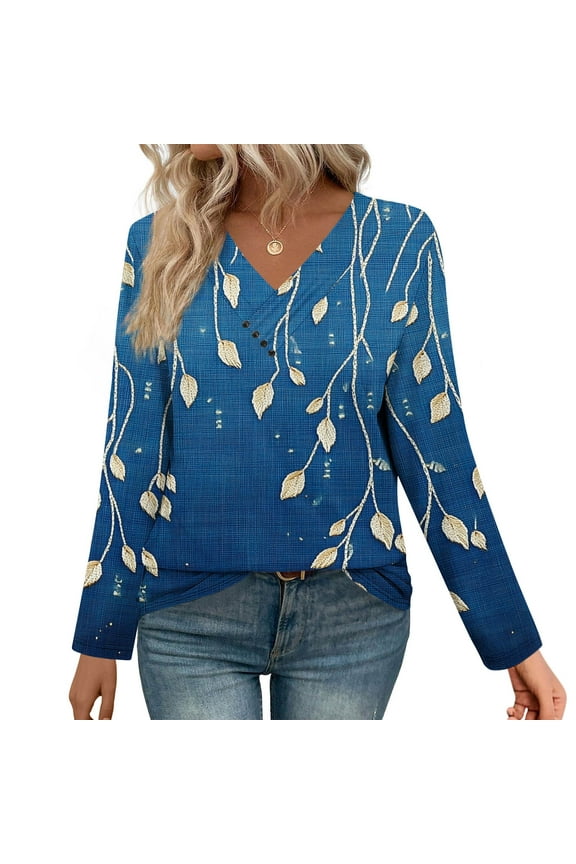 V-Neck Tshirts Shirts for Women Long Sleeve Plus Size Tops Women Leisure Retro Business Graphic Blue Loose Shirts,M