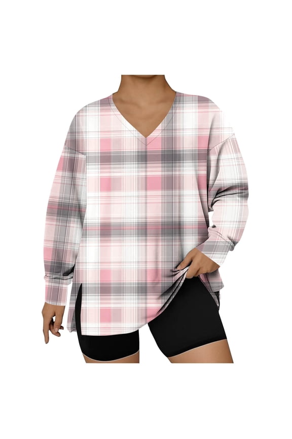 V-Neck Tshirts Shirts for Women Oversized Long Sleeve Womens Tops Plaid Breathable Pink Casual Sports Shirts,L