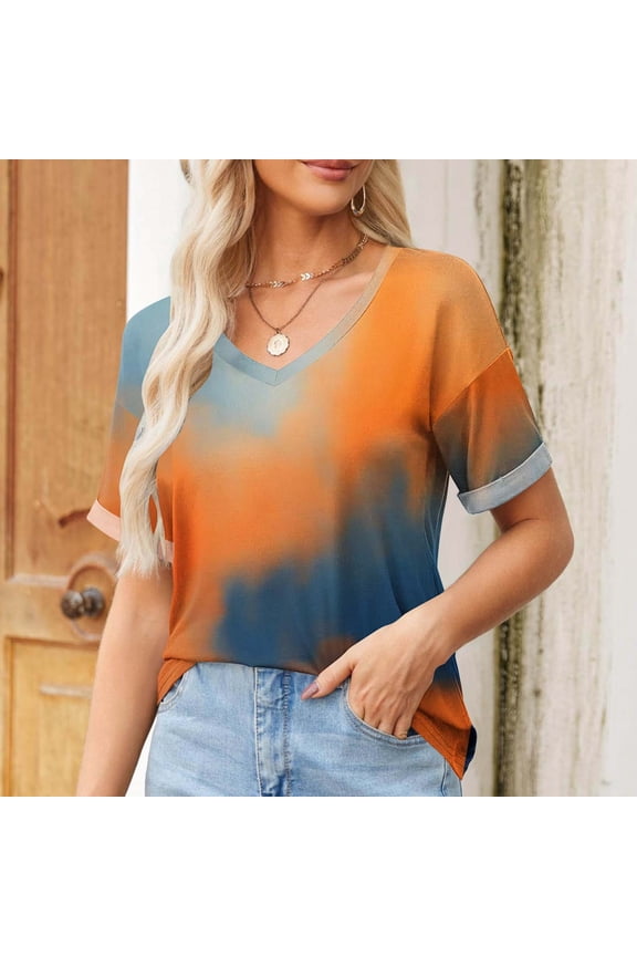 V-Neck Women T Shirt Short Sleeve Tops Women Casual Regular Comfortable Gradient Print Workout Daily Tops,Orange 4XL