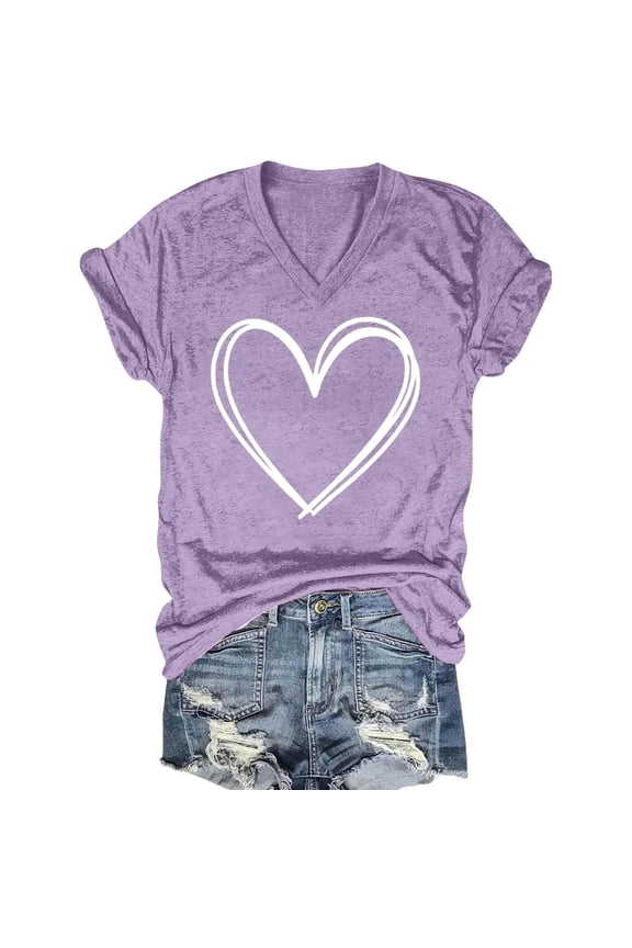 V-Neck Womens T Shirts Short Sleeve Ladies Plus Size Tops Camping Heart-shaped Casual Bottoming Romantic Tops,Purple XXL