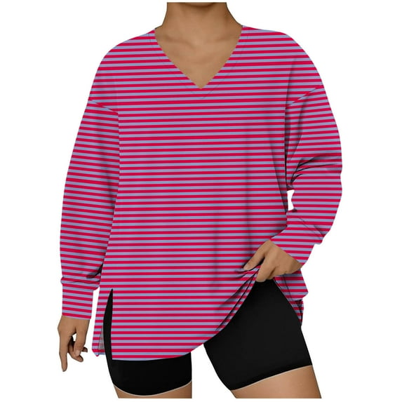 VgaVtl V-Neck Womens Tee Shirts Long Sleeve Oversized Women's Tops Pink Leisure Soft Striped Everyday Shirts,5XL