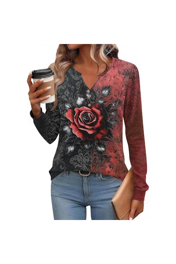 V-Neck Womens Tee Shirts Long Sleeve Womens Tops Retro Layering Casual Loose Floral Red Shirts,XXL