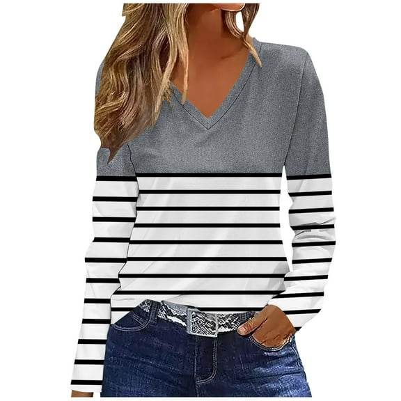 VgaVtl V-Neck Womens Tshirts Long Sleeve Plus Size Tops for Women Layering Gray Leisure Workout Loose Striped Shirts,L