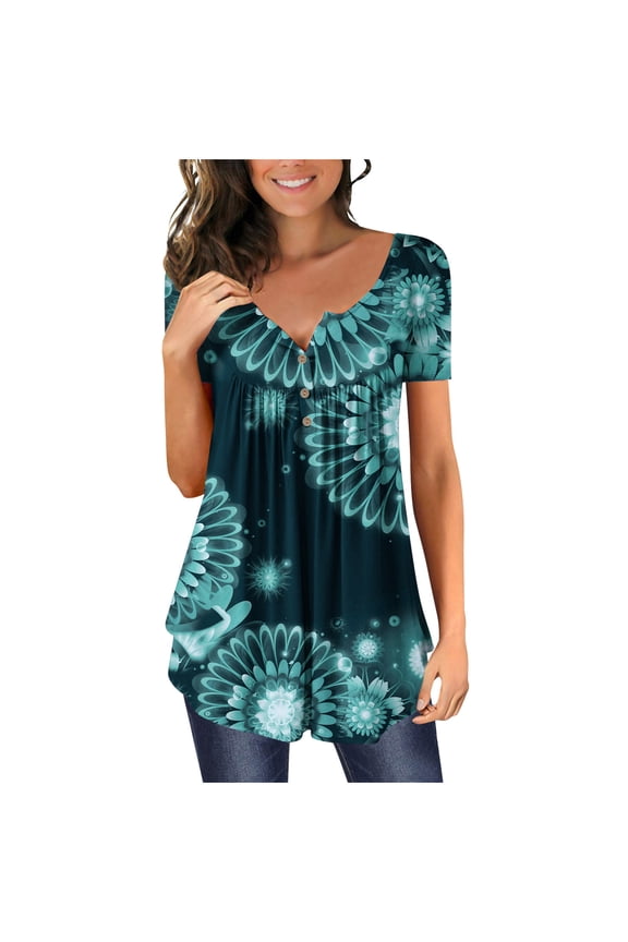 V-neck Womens Plus Size Tops Under $10 Short Sleeve Gradient Print T-Shirt Button Curvy Fit Casual Tops