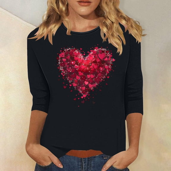 VgaVtl Valentines Day Tee Shirts for Women Plus Size 3/4 Sleeve Tops for Women Heart Print Casual Layering Loose Festivals Tops