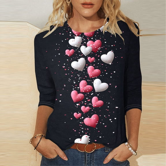 VgaVtl Valentines Day Women T Shirts 3/4 Sleeve Tops for Women Black for Girlfriend Regular Tunic Heart Print Casual Tops
