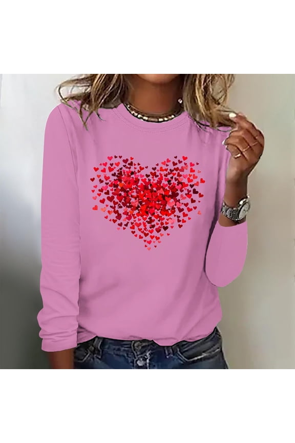 Valentines Day Womens Plus Size T Shirts Long Sleeve Pink Women's Tops Leisure Heart Graphic Vacation Romantic Loose Tops