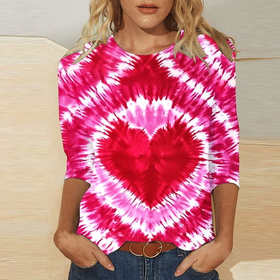 VgaVtl Valentines Day Womens Tee Shirts Plus Size Pink 3/4 Sleeve Women's Tops Regular Festivals Tunic Casual Tie-Dye Tops