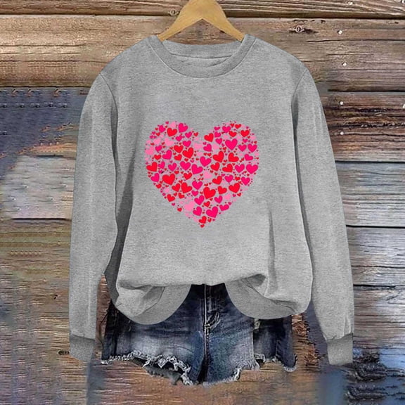 VgaVtl Valentines Women Sweatshirt Long Sleeve Pullover Women Plus Size Tops Heart Print for Girlfriend Holiday Loose Tops