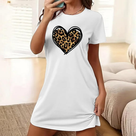 VgaVtl White Womens Sleepshirts Plus Size Short Sleeve Womens Plus Size Nightgowns Leopard Print Cute Heart-shaped Nightgowns