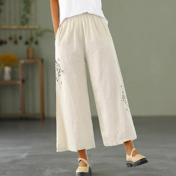 VgaVtl Wide-Leg Womens Pants Cotton Linen Ankle Beige Fall Palazzo Pants Loose Print Pocket Pants