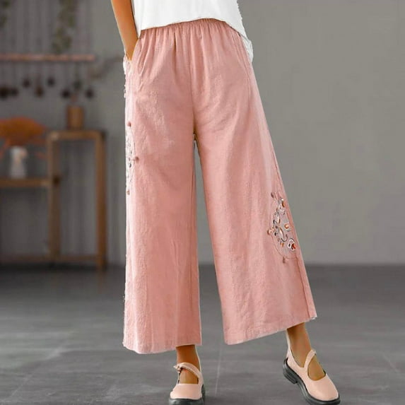 VgaVtl Wide-Leg Plus Womens Pants Ankle Cotton Linen Pink Palazzo Pants Women Plus Print Loose Pocket Pants