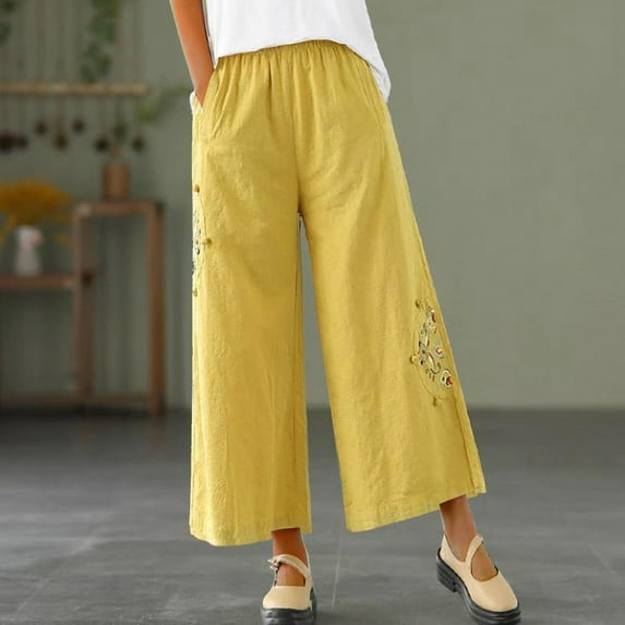 VgaVtl Wide-Leg Womens Fall Pants Ankle Cotton Linen Yellow Palazzo Pants Pocket Print Loose Pants