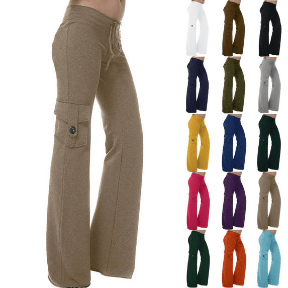 VgaVtl Wide-Leg Womens Pants Under $15 Yellow Full Length High Waist Cargo Woman Solid Pocket Loose Pants