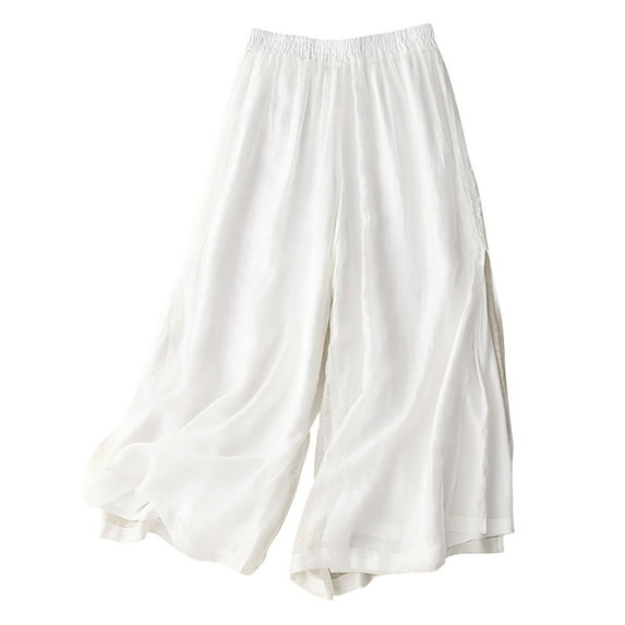 VgaVtl Wide-Leg Womens Pants Under $20 White Cotton Linen Long Palazzo Pants for Women Casual Solid Loose Pants