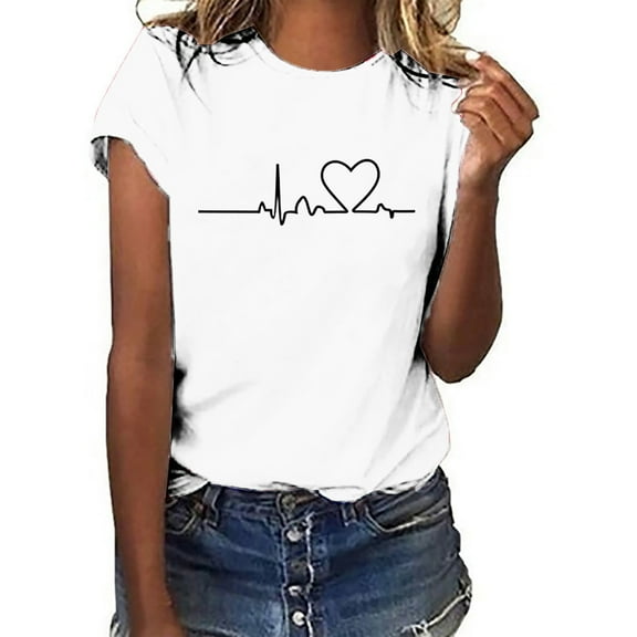 VgaVtl Womans Clothes $5.00 White Short Sleeve Crew Neck T-Shirt Casual Loose Print Tops